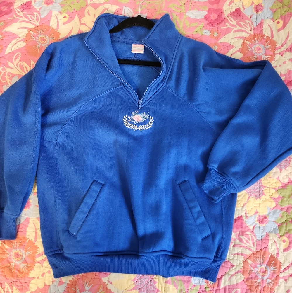 Vintage 80s 90s Blue Floral Lady Footlocker Sweatshirt Quarter Zip Cottagecore - Picture 6 of 7